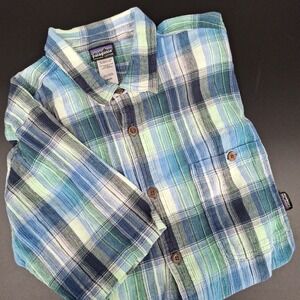 Patagonia Shirt Mens Large Plaid Blue Organic Cotton Short Sleeve